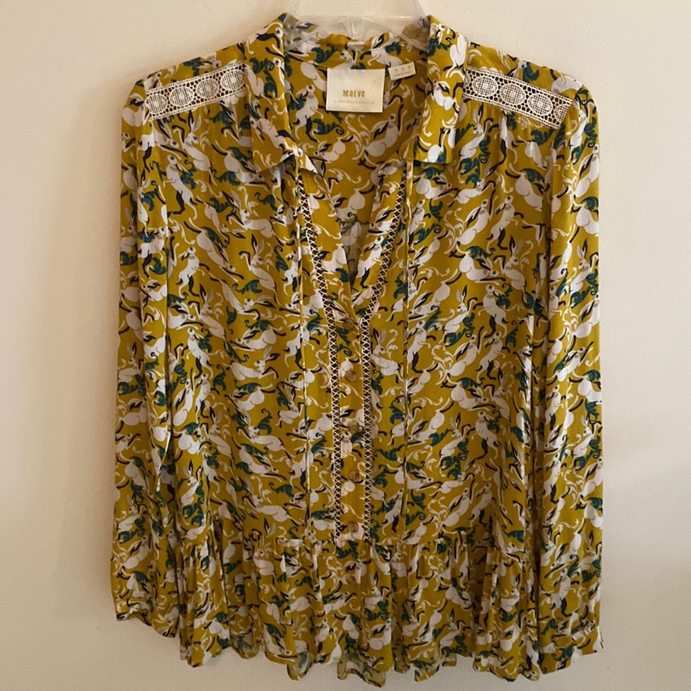 Maeve Anthropologie Janie Bunny Rabbit Print Button Front Blouse Size Sm…